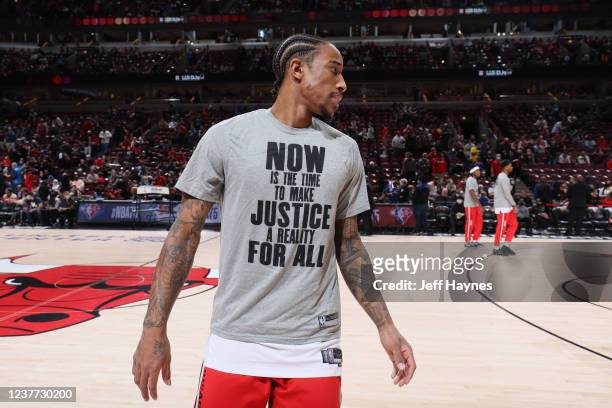 DeMar DeRozan of the Chicago Bulls looks on before the game against the Golden State Warriors on January 14, 2022 at United Center in Chicago,...