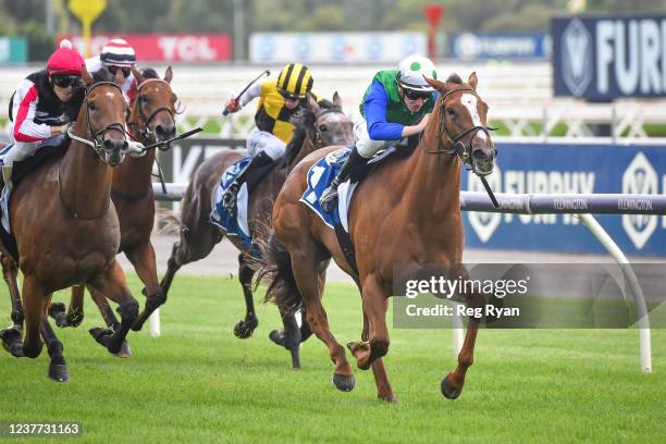 Decent Raine ridden by Matthew Cartwright wins the Furphy Refreshing Ale Trophy at Flemington Racecourse on January 15, 2022 in Flemington, Australia.