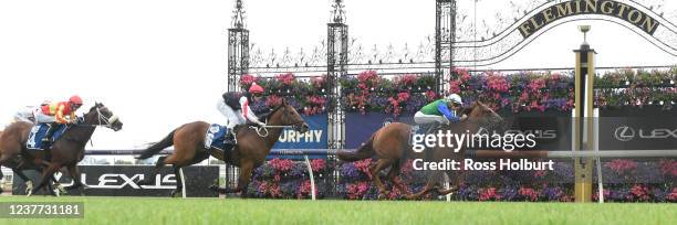 Decent Raine ridden by Matthew Cartwright wins the Furphy Refreshing Ale Trophy at Flemington Racecourse on January 15, 2022 in Flemington, Australia.