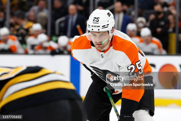 Philadelphia Flyers right wing James van Riemsdyk eyes a face off during a game between the Boston Bruins and the Philadelphia Flyers on January 13...