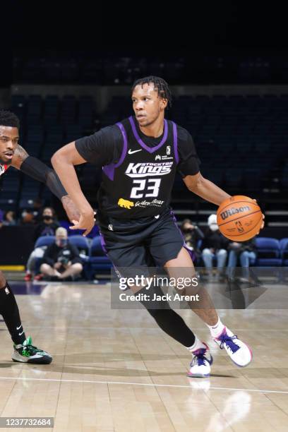 Louis King of the Stockton Kings dribbles the ball against the Agua Caliente Clippers during an NBA G-League game on January 14, 2022 at Stockton...