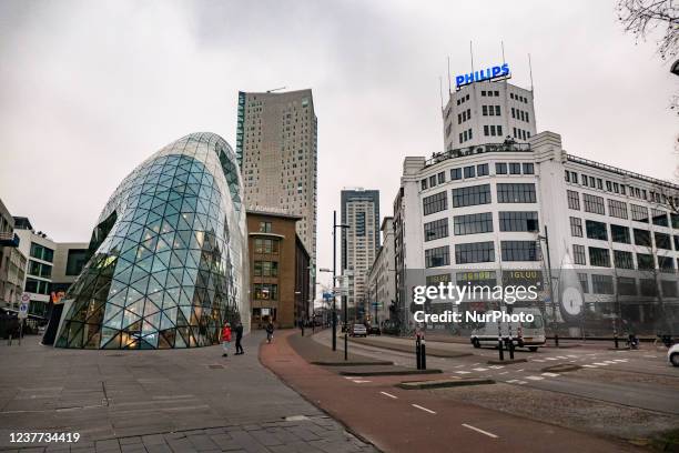 De Blob and a building with PHILIPS logo on top. The Netherlands partly lifts the lockdown measures from 15 of January after the 4-week long lockdown...