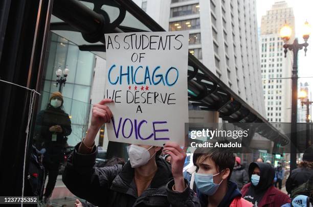 Students walkout to protest by Chicago Public School headquarters on 42 W. Madison, in Chicago, Illinois, United States on January 14, 2022.