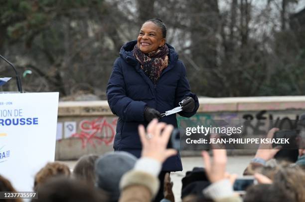 France's former Justice Minister Christiane Taubira delivers a speech as she makes her candidacy official at a rally for the union of the left in the...