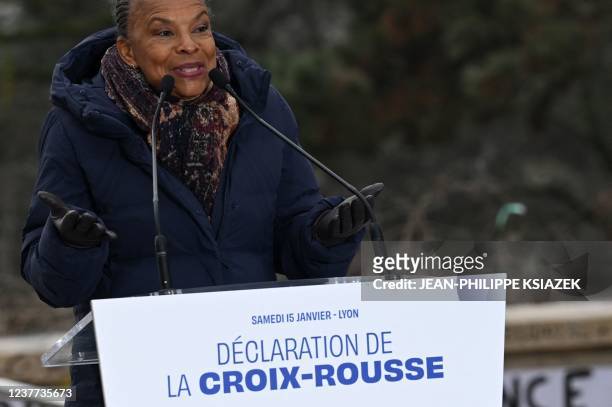 France's former Justice Minister Christiane Taubira delivers a speech as she makes her candidacy official at a rally for the union of the left in the...