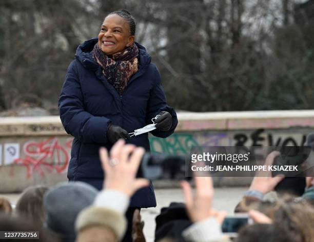 France's former Justice Minister Christiane Taubira delivers a speech as she makes her candidacy official at a rally for the union of the left in the...