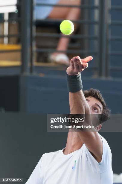 Thanasi Kokkinakis of Australia serves the ball during the ATP final singles match between Arthur Rinderknech of France and Thanasi Kokkinakis of...