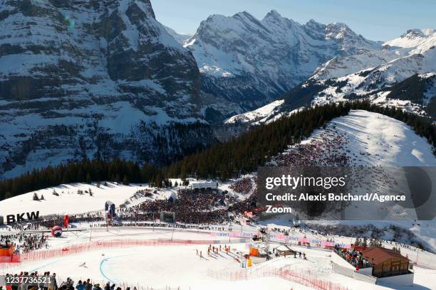 Beat Feuz of Team Switzerland competes during the Audi FIS Alpine Ski World Cup Men's Downhill on January 15, 2022 in Wengen Switzerland.