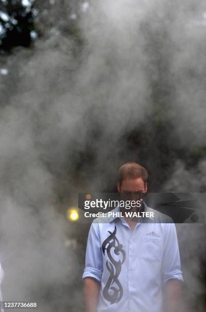 Britain's Prince William stands over a traditional Maori earth oven called a Hangi, at Government House on the second day of his visit on January 18,...