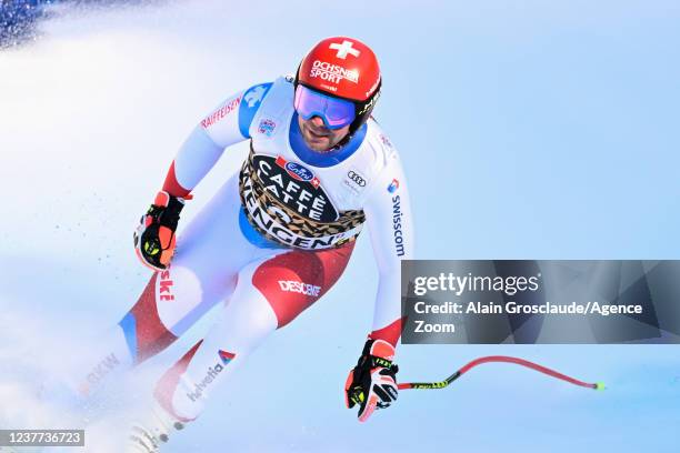 Beat Feuz of Team Switzerland celebrates during the Audi FIS Alpine Ski World Cup Men's Downhill on January 15, 2022 in Wengen Switzerland.