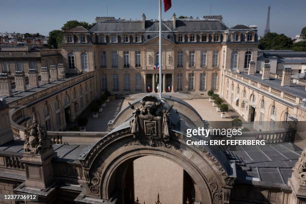 An aerial picture taken in Paris on June 27, 2019 shows the northern facade of the Elysee palace. - The Elysee Palace contains the presidential...
