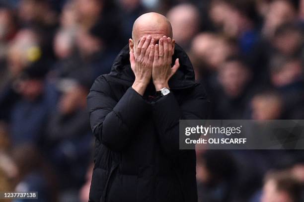 Manchester City's Spanish manager Pep Guardiola reacts during the English Premier League football match between Manchester City and Chelsea at the...