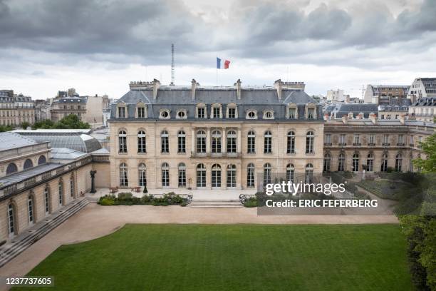 An aerial picture taken in Paris on June 27, 2019 shows the southern facade of the Elysee palace presidential resdence. - The Elysee Palace contains...