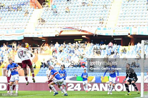 Wilfried Singo of Torino scores a goal during the Serie A match between UC Sampdoria and Torino FC at Stadio Luigi Ferraris on January 15, 2022 in...