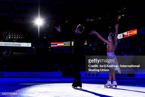 Victoria Sinitsina and Nikita Katsalapov of Russia celebrate with crowd during the ISU European Figure Skating Championships at Tondiraba Ice Hall on...