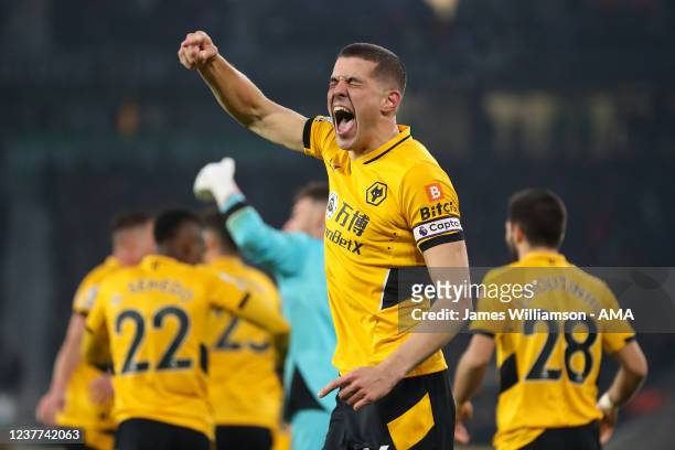 Conor Coady of Wolverhampton Wanderers celebrates after scoring a goal to make it 2-0 during the Premier League match between Wolverhampton Wanderers...