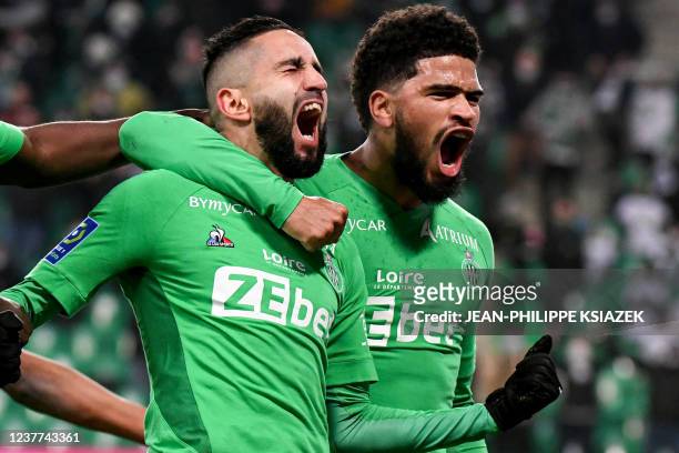 Saint-Etienne's French Algerian midfielder Ryad Boudebouz celebrates after scoring a goal during the French L1 football match between AS...