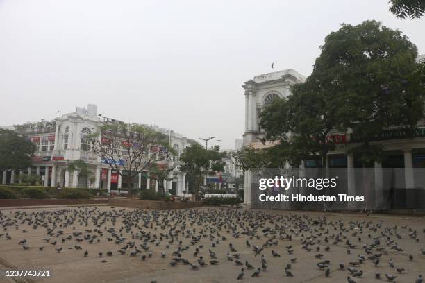 Deserted view at Connaught Place on the day of weekend lockdown by delhi goverment due to Covid-19 cases increasing in the third wave, on January 15,...