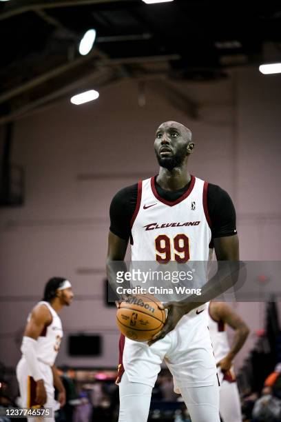 Tacko Fall of the Cleveland Charge shoots a free throw against the Maine Celtics on January 15, 2022 at the Portland Expo Center in Portland, Maine....