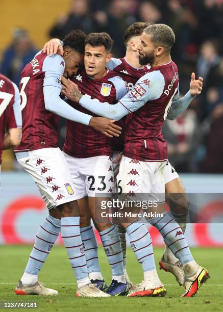Philippe Coutinho of Aston Villa celebrates scoring their 2nd goal during the Premier League match between Aston Villa and Manchester United at Villa...