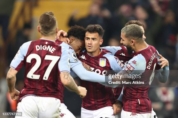 Philippe Coutinho of Aston Villa celebrates scoring their 2nd goal during the Premier League match between Aston Villa and Manchester United at Villa...