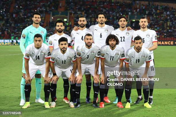 Egypt's goalkeeper Mohamed El Shenawy, forward Mohamed Salah, midfielder Amr al Suleya, defender Ahmed Hegazi, forward Omar Marmoush, defender...