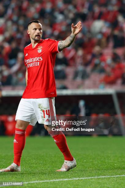 Haris Seferovic of SL Benfica gestures during the Liga Portugal Bwin match between SL Benfica and Moreirense FC at Estadio da Luz on January 15, 2022...