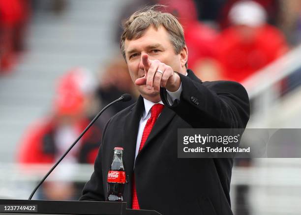 Head coach Kirby Smart of the Georgia Bulldogs speaks during the celebration honoring the Georgia Bulldogs national championship victory on January...