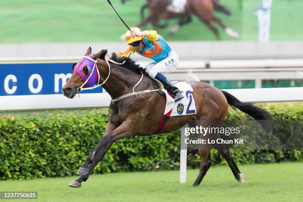 May 31 : Jockey Chad Schofield riding Ka Ying Star wins the Race 9 Lion Rock Trophy at Sha Tin Racecourse on May 31, 2020 in Hong Kong.