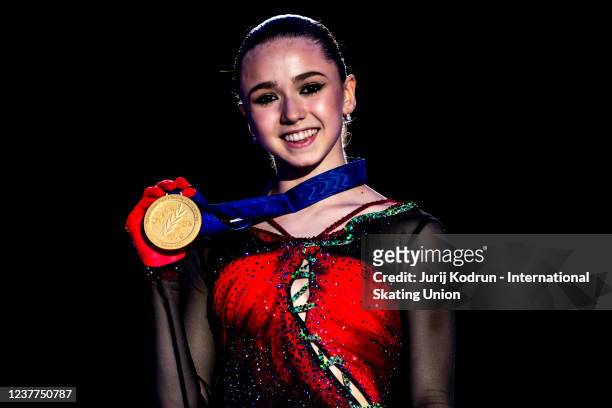 Gold medal winner Kamila Valieva of Russia poses with medals during victory ceremony after the ISU European Figure Skating Championships at Tondiraba...