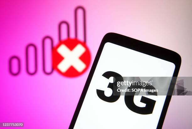 In this photo illustration, a 3g sign is seen on a smartphone screen and no signal icon in the background.