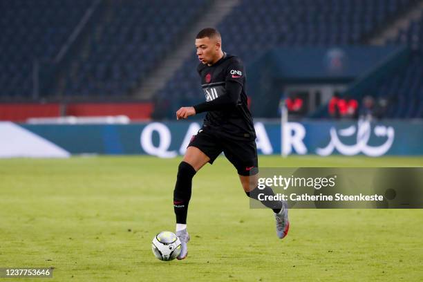 Kylian Mbappe of Paris Saint-Germain controls the ball during the Ligue 1 Uber Eats's game between Paris Saint-Germain and Brest at Parc des Princes...