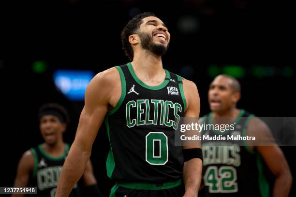 Jayson Tatum of the Boston Celtics reacts during a game against the Chicago Bulls at TD Garden on January 15, 2022 in Boston, Massachusetts. NOTE TO...