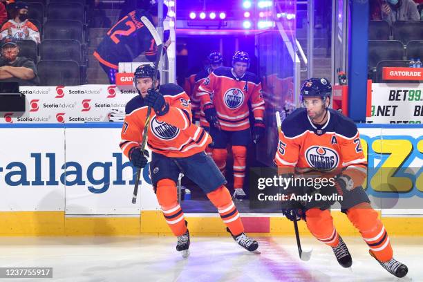 Connor McDavid and Darnell Nurse of the Edmonton Oilers step onto the ice prior to the game against the Ottawa Senators on January 15, 2021 at Rogers...