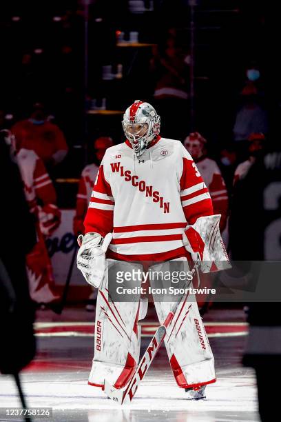 Wisconsin goalie Jared Moe prior to the start of a college hockey match between the University of Wisconsin Badgers and the Michigan State University...