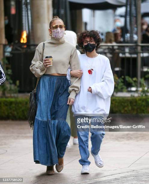 Jennifer Lopez and Emme Maribel Muniz are seen on January 15, 2022 in Los Angeles, California.