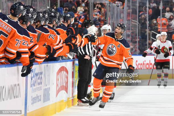 Darnell Nurse of the Edmonton Oilers celebrates after a goal during the game against the Ottawa Senators on January 15, 2021 at Rogers Place in...