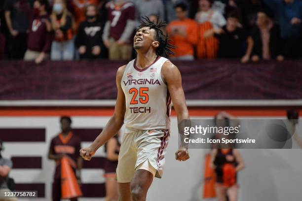 Virginia Tech Hokies forward Justyn Mutts celebrates during a game between the Notre Dame Fighting Irish and the Virginia Tech Hokies on January 15,...