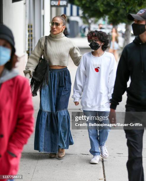 Jennifer Lopez and Emme Maribel Muniz are seen on January 15, 2022 in Los Angeles, California.