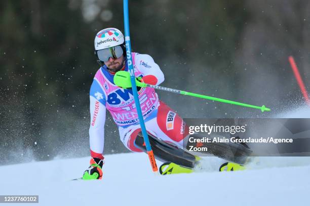 Luca Aerni of Team Switzerland competes during the Audi FIS Alpine Ski World Cup Men's Slalom on January 16, 2022 in Wengen Switzerland.