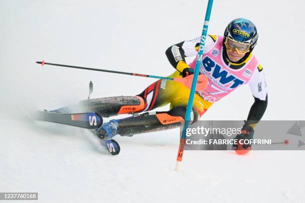 Belgium's Armand Marchant competes during the men's FIS Ski World Cup Slalom round 1 in Wengen, Switzerland, on January 16, 2022.