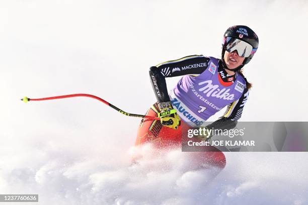 Canada's Marie-Michele Gagnon arrives in the finish area after her run during the women's Super G event of the FIS Alpine Skiing World Cup in...