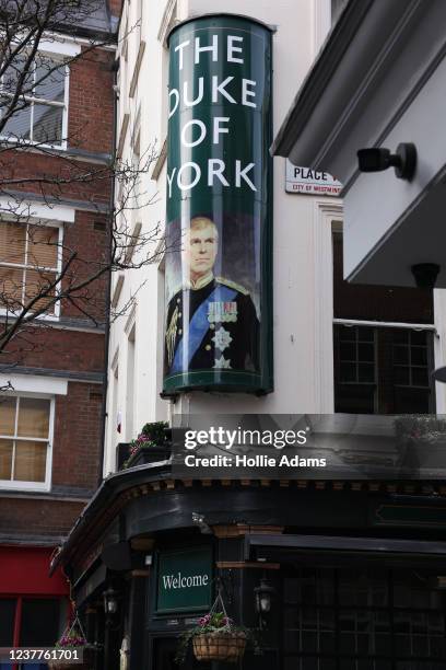 Portrait of Prince Andrew outside The Duke of York pub on January 16, 2022 in London, England. On Thursday, Buckingham Palace announced Prince Andrew...