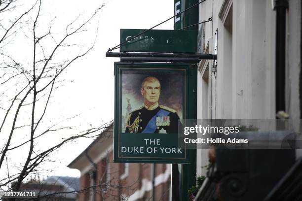 Portrait of Prince Andrew outside The Duke of York pub on January 16, 2022 in London, England. On Thursday, Buckingham Palace announced Prince Andrew...