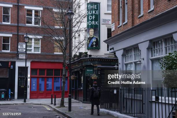 Portrait of Prince Andrew outside The Duke of York pub on January 16, 2022 in London, England. On Thursday, Buckingham Palace announced Prince Andrew...
