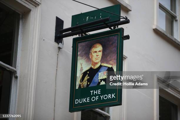 Portrait of Prince Andrew outside The Duke of York pub on January 16, 2022 in London, England. On Thursday, Buckingham Palace announced Prince Andrew...