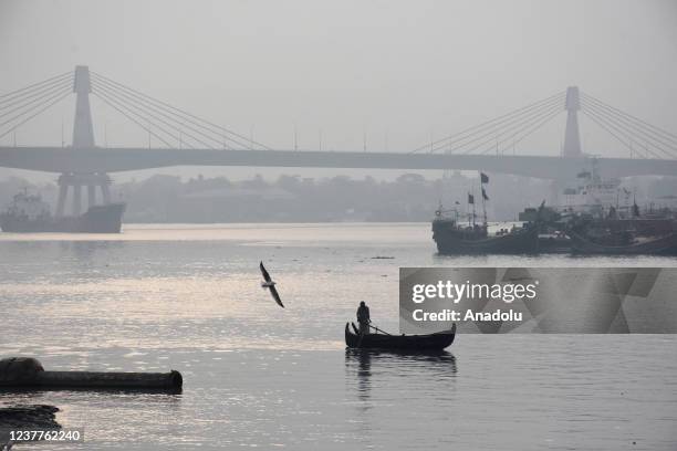 View of the foggy winter morning on the banks of the Karnaphuli River in Chittagong, Bangladesh, on January 13, 2022.