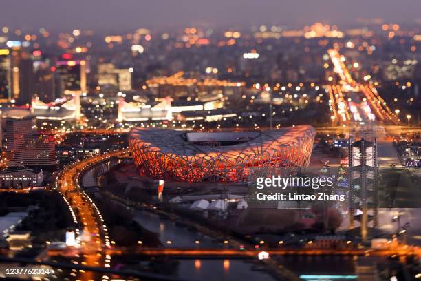 General view the Birds Nest stadium, the venue for opening and closing ceremonies for the 2022 Winter Olympics at Beijing Olympic Tower on January...