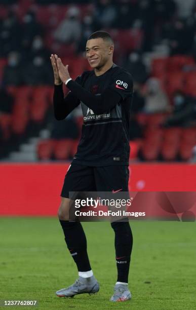 Kylian Mbappe of Paris Saint-Germain gestures during the Ligue 1 Uber Eats's match between Paris Saint-Germain and Brest at Parc des Princes on...