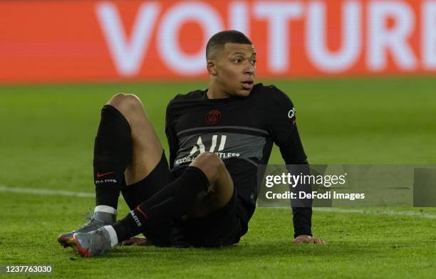 Kylian Mbappe of Paris Saint-Germain looks on during the Ligue 1 Uber Eats's match between Paris Saint-Germain and Brest at Parc des Princes on...